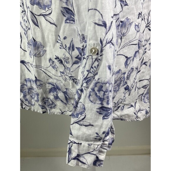 Cynthia Rowley Linen Blouse Top L Blue White Floral Roll Tab Sleeves Art to Wear - Picture 5 of 11